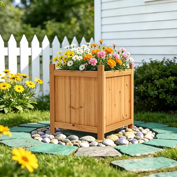 Set of 2 Fir Wood Square Planter Boxes, 18" Extra Large Outdoor Flower Box with Removable Drainage Base & Non-Woven Liner, Rustic Wooden Planters for Patio Garden Balcony, Wood Bucket Planter