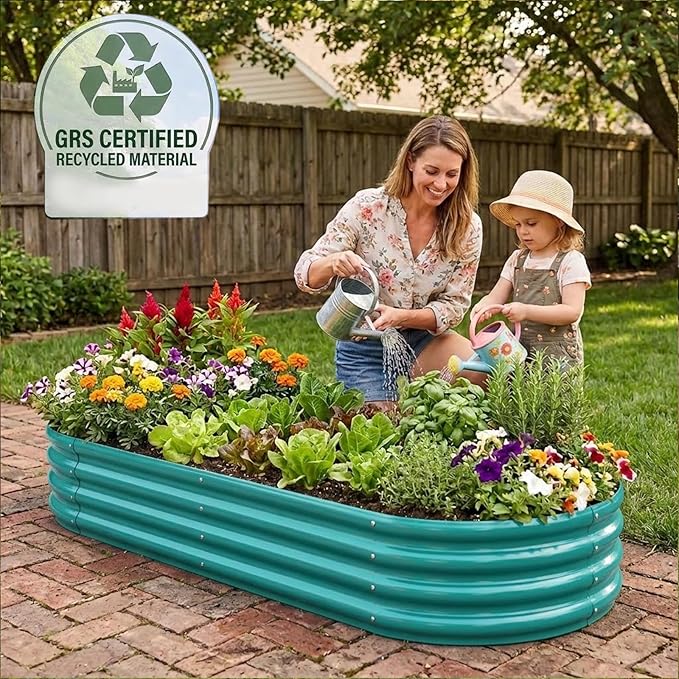 Rakukiri Raised Garden Bed GRS Certified Galvanized Planter Box Outdoor, 5ft Oval Rot-Resistant Metal Garden Bed Planter, Recycled Material Planter for Vegetables Flowers Herbs (Green)