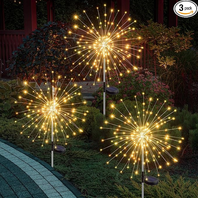 btfarm 3 Pack 120 LED Solar Garden Lights Outdoor, 8 Modes Firework Lights Solar Powered, Waterproof Twinkle Fairy Light Outside for Yard Patio Pathway Pool Christmas Party Decorative, Warm White
