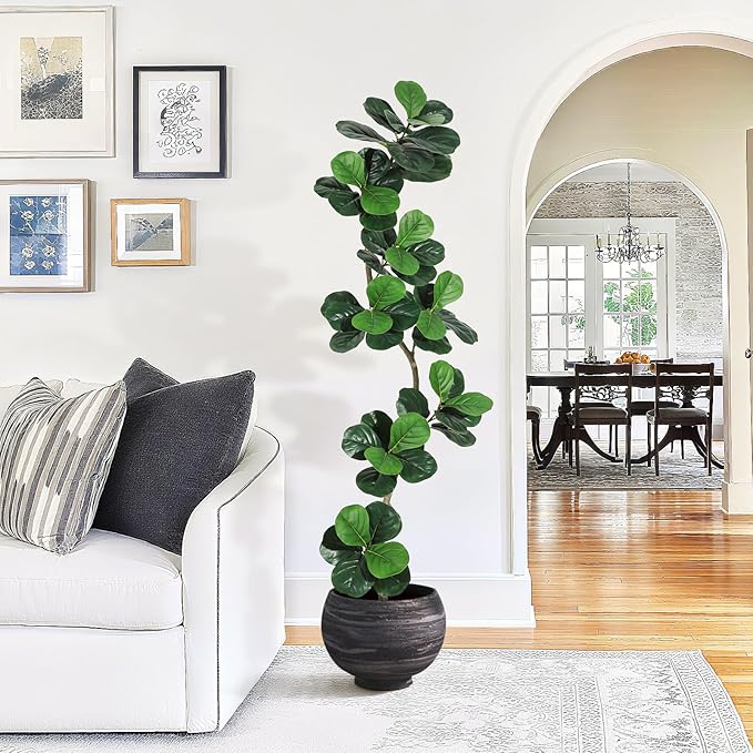 GarveeHome Fiddle Leaf Fig Artificial Tree with White Planter,7 ft Faux Plants Indoor with Moss, Fake Rubber Tall Fake Floor Plant in Pot - Artificial Trees for Home Office Living Room Decor