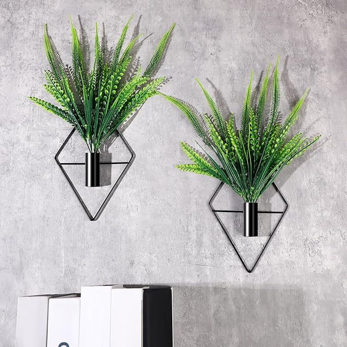 Canlierr 2 Pieces Black Wall Decor Hanging Planters with Artificial Plants Metal Hanging Vase Indoor Plants Holder Modern Geometric Wall Art for Bathroom Bedroom Living Room Decor(Boston Fern)