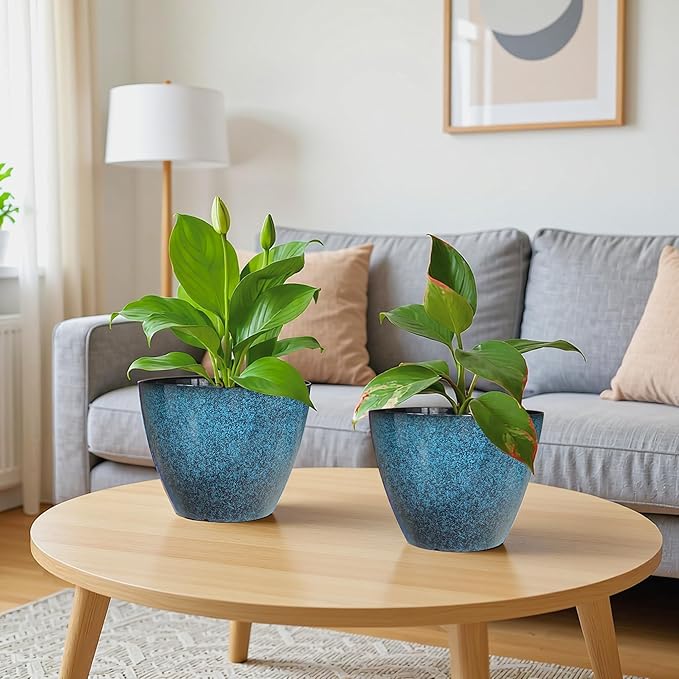 Vanslogreen 8 inch Plant Pots, Pack of 4 Plastic Planter for Indoor Outdoor Plant with Drainage Holes and Saucers, Flower Pots for Garden Home Decor (Blue, 4pcs)