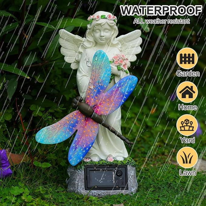 Starryfill Solar Angel Garden Statue with Color Changing Dragonfly Lights - 12 Inch Hand-Painted Resin Figurine, Auto Dusk-to-Dawn Waterproof Outdoor Decor for Patio, Yard, Lawn, Memorial Mother Gift