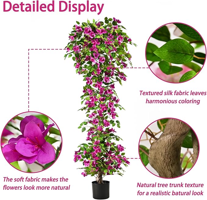 Artificial Bougainvillea Tree -6FT Faux Bougainvillea Tree with Realistic Flowers, Tall Fake Flower Tree for Indoor or Outdoor Decor, Silk Floral Plant for Living Room, Porch, Garden (Purple)