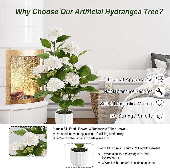 3FT Artificial Hydrangea Tree 2 Pack, Realistic Faux Hydrangea Plants in Pot with White Flowers, Lifelike Faux Greenery Home Indoor Outdoor Front Porch Garden or Wedding, White