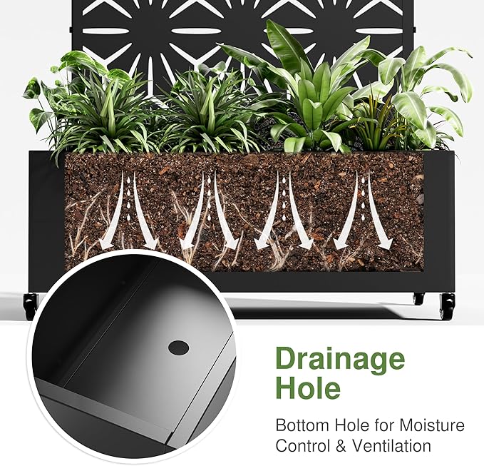 Casaphoria Metal Raised Garden Bed with Trellis and Wheels, 47"x47"x16" Planter Box for Climbing Plants, Vegetables & Vines, Features Drainage Holes and Privacy Screen Black-Star