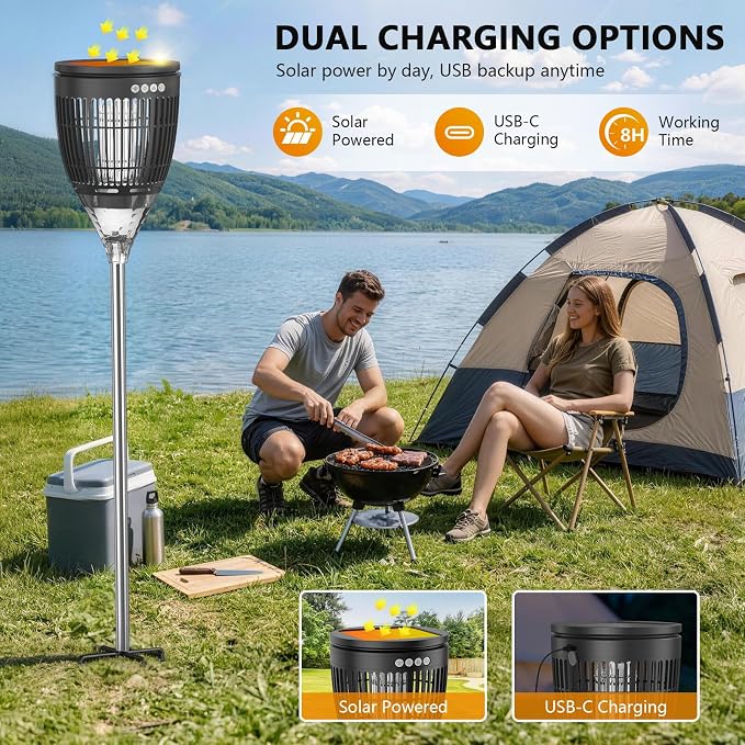 Solar Bug Zapper Outdoor, Jinyeda 4200V Mosquito Zapper with RGB Projector & Flame Lights, Cordless Mosquito Killer, USB Rechargeable Fly Insect Trap Waterproof Lighting Decor for Patio, Garden, Yard