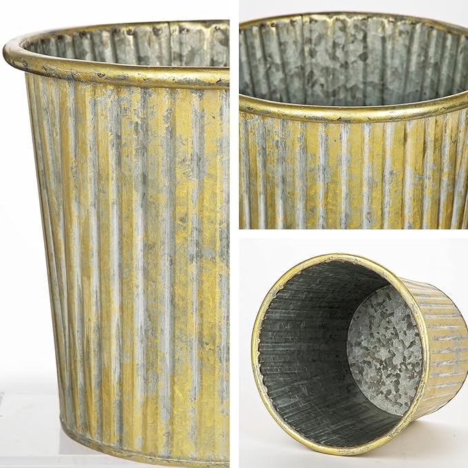 Gold Metal Rustic Flower Pots - 3 PCS Galvanized Planters Rustproof Durable Metal Buckets Plant Pots Vintage-Inspired Charm Rustic for Farmhouse Garden Herb Indoor Outdoor Decor(Dia.5.5"/6.5"/7.1")