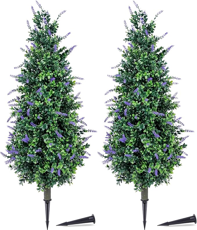 PATIO CHOICE 3ft Artificial Topiary Trees with Lavender Set of 2 Outdoor Faux Plants Artificial Realistic Fake Bushes Decorations for Outdoor Front Porch Garden (Lavender, 36in)