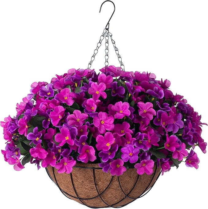 INXUGAO Artificial Hanging Flowers with Basket Outdoors, Fake Hydrangea UV Resistant Arrangements in Pot Planter Spring Summer Decor for Indoor Porch Garden Yard(Double Lotus)