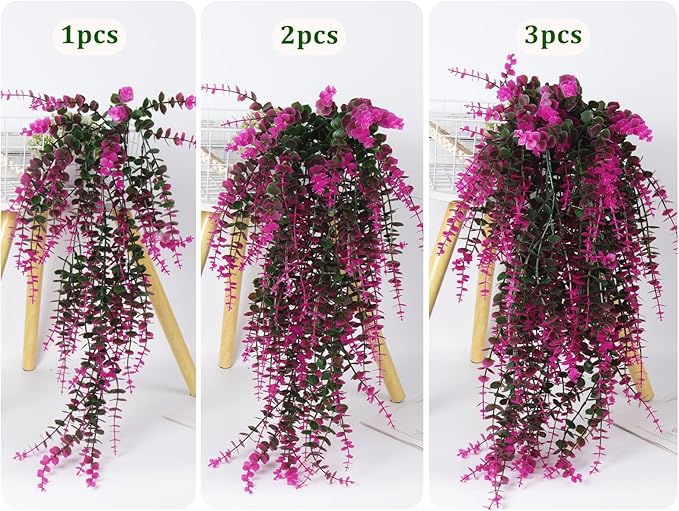 RECUTMS Fake Monkey Plants Hanging Eucalyptus Vines Fake Vines Faux Hanging Plants for Outdoor Garden Yard Backdrop Decor Indoor Room Table Wall Home Hanging Decoration(Fuchsia)