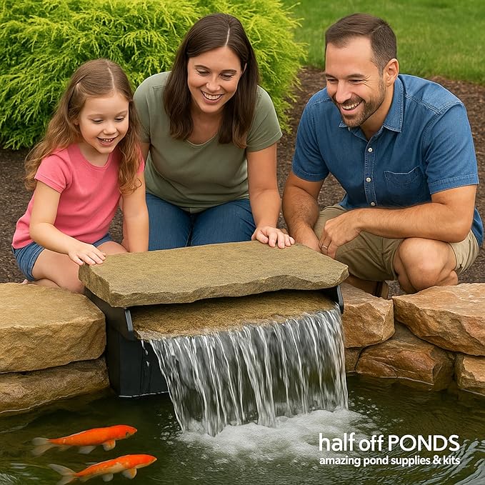 HALF OFF PONDS Filtering Waterfall Spillway Kit | 16-inch lip, Rock lid, 2200 GPH Aqua Pulse pump, 12.5 ft tubing, Backyard water gardens