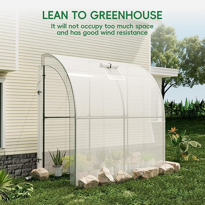 SPECILITE 79” x 40” x 83” Lean to Greenhouse for Outdoors, Portable Walk-in Plant Green House with 1 Roll-up Zipper Door and Mesh Window, Reinforced Steel Frame with PE Cover, Anchor and Ropes, White