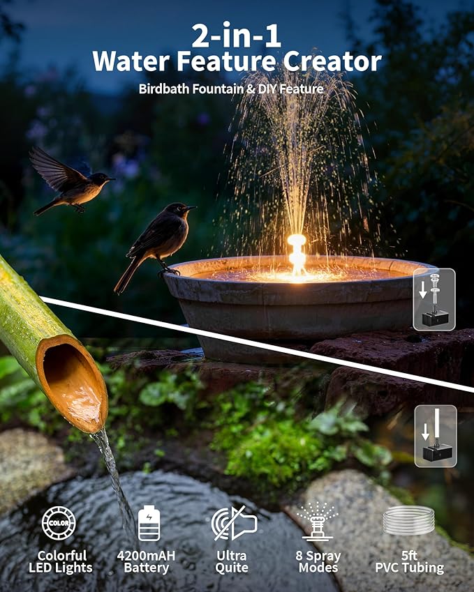 POPOSOAP 12W Solar Fountain Pump with 4200mAh Battery Backup, LED Colorful Lights & Remote Control, Solar Pond Pump for Bird Bath, Fish Tank, Outdoor Garden Water Features P112DL