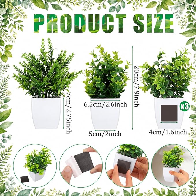 3 Pcs Magnetic Plants Classroom Decor Artificial Potted Potted Greenery Mini Fake Plants with Magnets Back to School Teacher Appreciation Gift for Whiteboard Blackboard Home Office(Greenery)