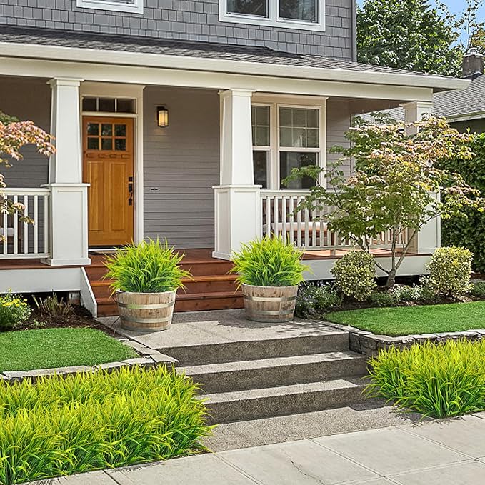 Ouddy Decor 16 Bundles Artificial Plants Outdoor Fake Grass Greenery Stems UV Resistant Faux Plastic Plants Shrubs for Spring Summer Garden Pathway Window Box Farmhouse Front Porch Home Decor, Yellow