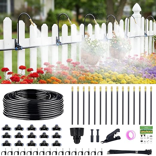 Thiswing 360° Adjustable Drip Irrigation System - Compatible 1/4" Irrigation System, 50FT Garden Watering Atomizing System with 15 Nozzles, Greenhouse Accessories for Yard, Lawn, Plants, Garden