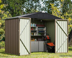 Greesum 8x6FT Outdoor Storage Shed, Utility Tool Shed with Sloping Roof, Metal Storaged Garden Shed with Door & Lock for Patio Storage, Brown