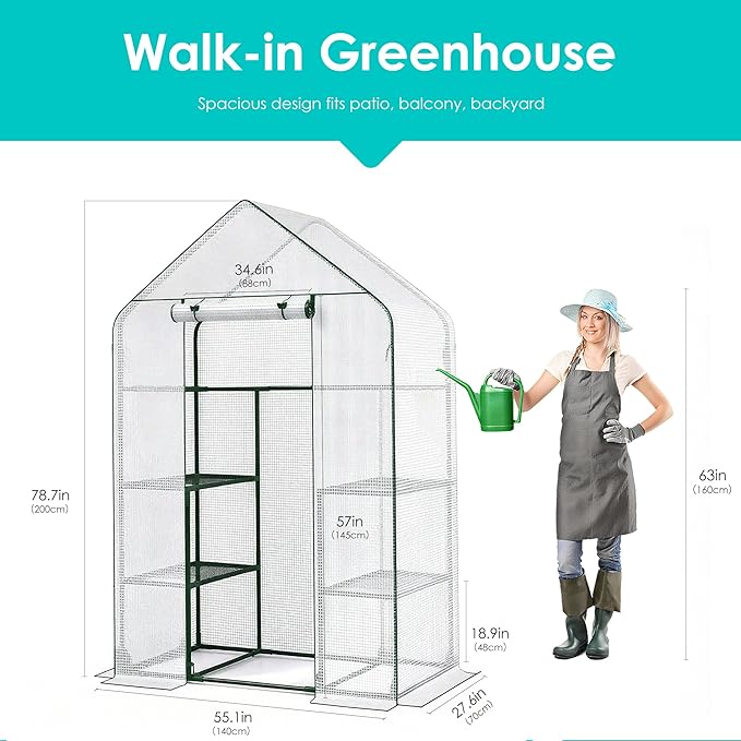 Twira Greenhouse for Outdoors, 55.1" x 27.6" x 78.7" Walk in Plant Greenhouses Heavy Duty with Thicken PE Cover, 3 Tiers 8 Shelves Greenhouse Plastic, Portable Green House for Outside, Patio, Garden