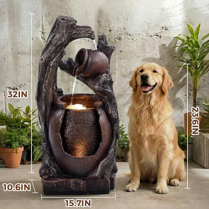 32" H Outdoor Water Fountain, Rustic 2-Tier Clay Pot Water Fountain and Waterfalls with 2 Warm LED Lights, Natural Feature Garden Fountains for Patio, Backyard, Deck, Porch, Home Decor