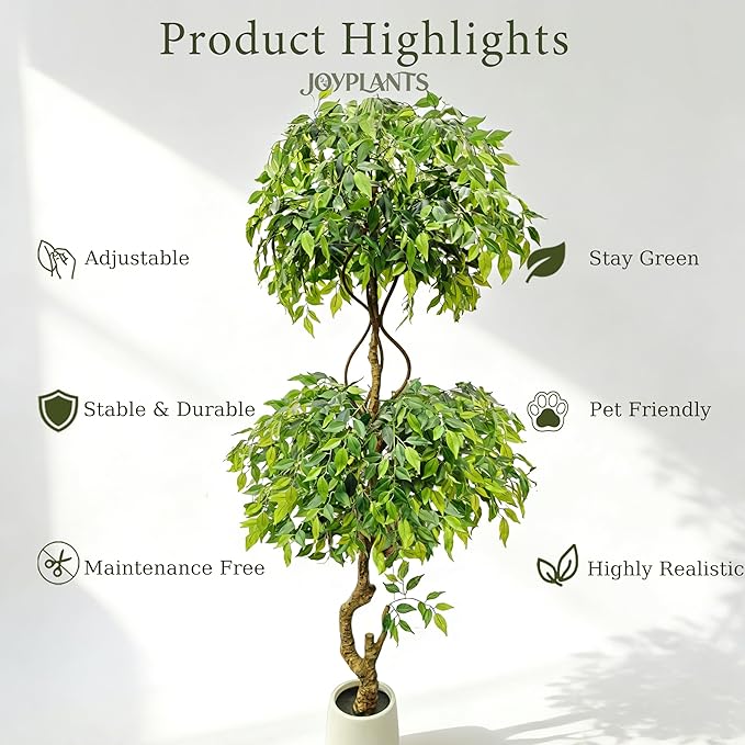 7FT Artificial Ficus Tree with White Planter, Lush Faux Ficus Tree with Adjustable Branches, Realistic Indoor Trees Artificial for Home Living Room Office Porch Garden Decor