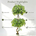 7FT Artificial Ficus Tree with White Planter, Lush Faux Ficus Tree with Adjustable Branches, Realistic Indoor Trees Artificial for Home Living Room Office Porch Garden Decor