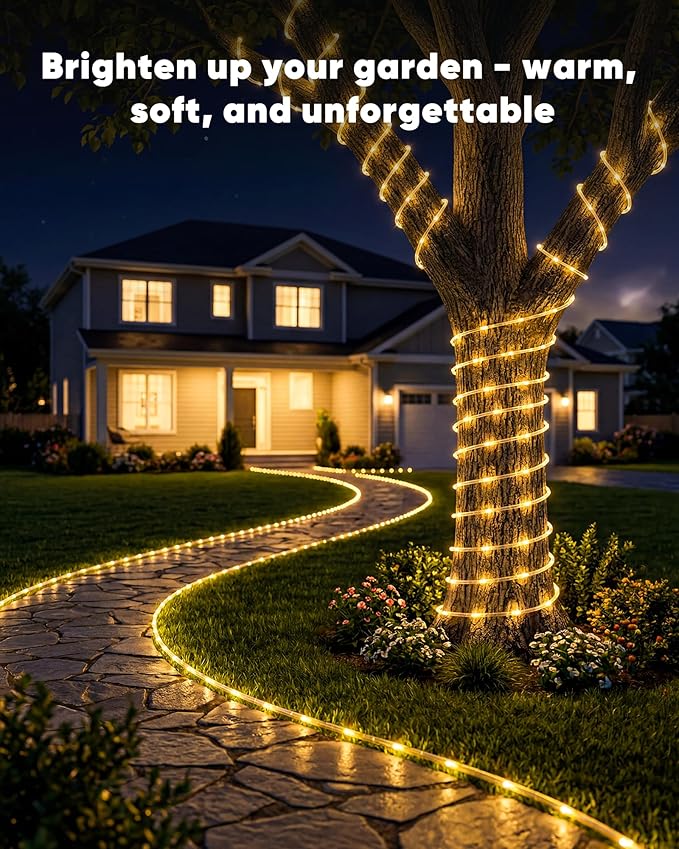 Brightown Solar Rope Lights, 39FT 100LED Outdoor Solar String Lights, IP65 Waterproof Solar Powered Fairy Lights with 8 Lighting Modes for Party Garden Patio Pool Backyard Tree Decoration, Warm White