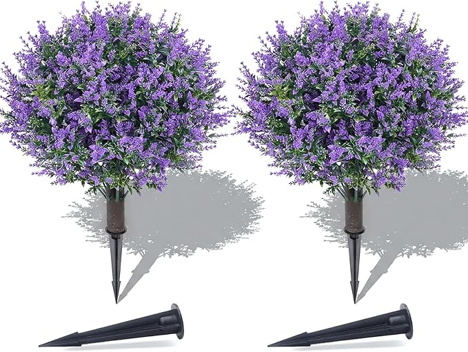 PATIO CHOICE Artificial Topiary Boxwood Ball Trees with Lavender Set of 2 22" Artificial Faux Plants Realistic Bushes Fake Shrubs Decorations for Outdoor Indoor Front Porch Garden
