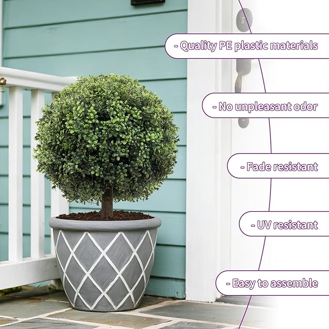 Artificial Boxwood Topiary Ball Tree Set of 2, 25.2" UV Resistant Artificial Outdoor Shrubs with Ground Spike, Decorative Evergreen Fake Topiary Bushes Plant for Front Porch Garden Decor