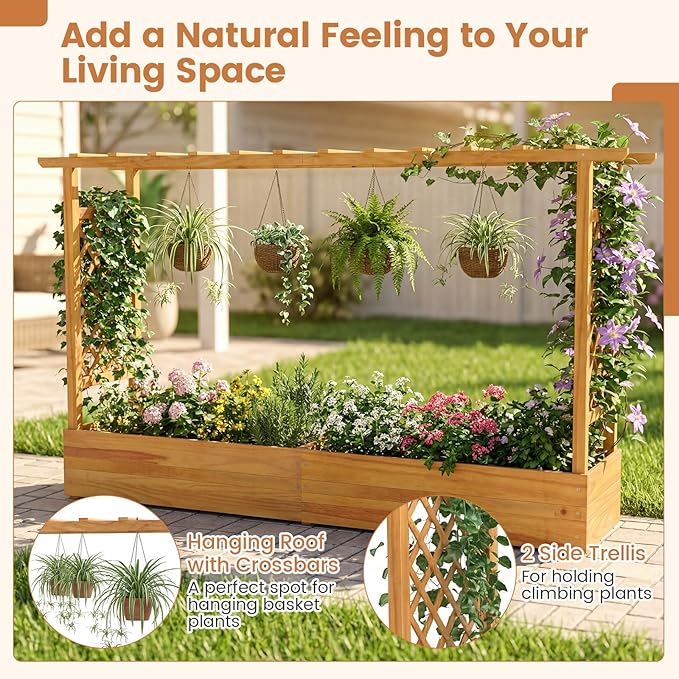 Happygrill 45" Raised Garden Bed with Trellis, 2 Pack Wood Planter Box w/Hanging Roof, 2 Side Trellises, Open-Ended Base for Flower, Climbing Plant, Plant Container for Garden