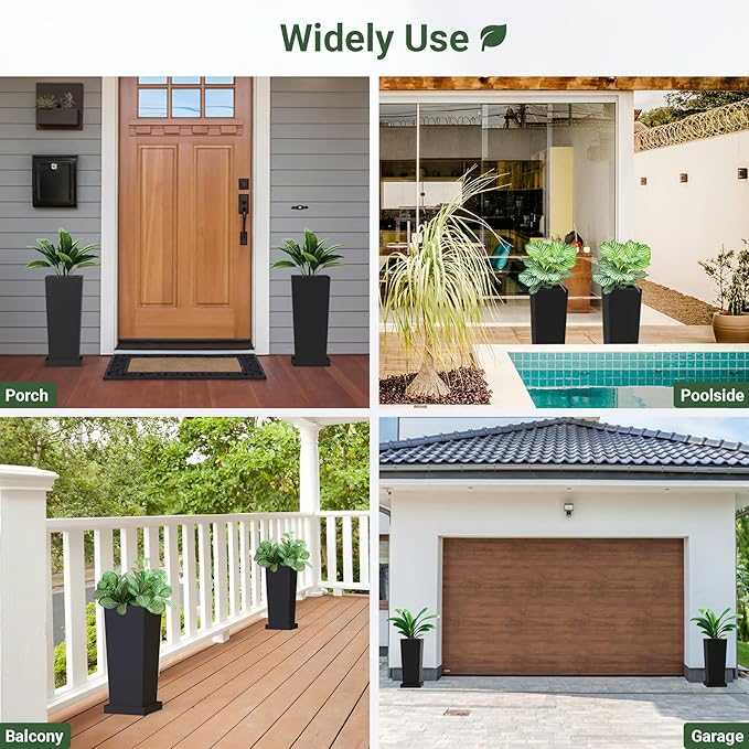 Metal Tall Planters 18 inch Set of 2, Durable Taper Planter with Drainage Holes & Rust-Proof Coating & Trays for Outdoor Indoor Garden Patio Front Door (Black)