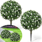 Lunmon 2 Pack 24" Artificial Topiary Ball Plants Trees with Flowers, Outdoor Fake Topiary Plants with Ground Spike, UV Resistant Faux Bushes for Indoor Outdoor Front Door Decor (White,Rose)