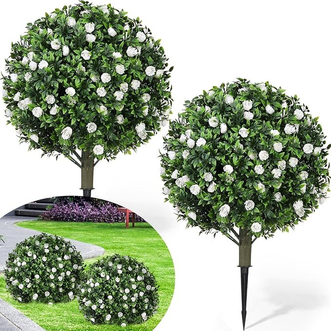 Lunmon 2 Pack 24" Artificial Topiary Ball Plants Trees with Flowers, Outdoor Fake Topiary Plants with Ground Spike, UV Resistant Faux Bushes for Indoor Outdoor Front Door Decor (White,Rose)