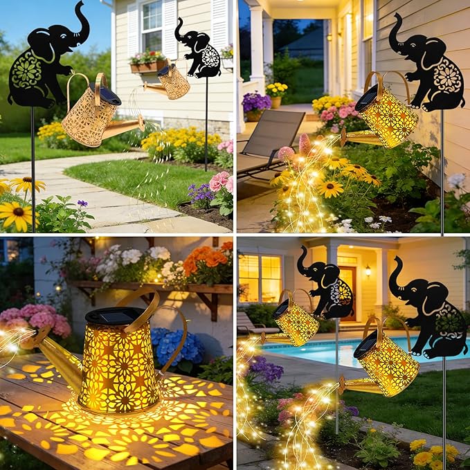 Solar Watering_Can Lights, Elephant Hanging Lantern Solar Lights Outdoor, Birthday Gifts for Mom Women Mother's Day, Waterproof Garden Decor Outside Patio Yard Pathway Backyard