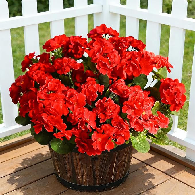 Fake Outdoor Flowers, 6 Pcs Artificial Flowers for Outdoors, Red Artificial Geraniums Plastic Flowers, Fake Plant for Outside, Silk Faux Flowers Outdoor Planters UV Resistant for Front Porch