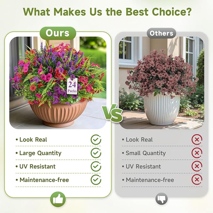 Alupssuc 24 Bundles Artificial Flowers for Outdoors Planters Spring Decoration, UV Resistant Faux Eucalyptus Violet and Lavender Silk Fake Plants for Outside Indoor Yard Home Patio Decor, Mix 3 Colors