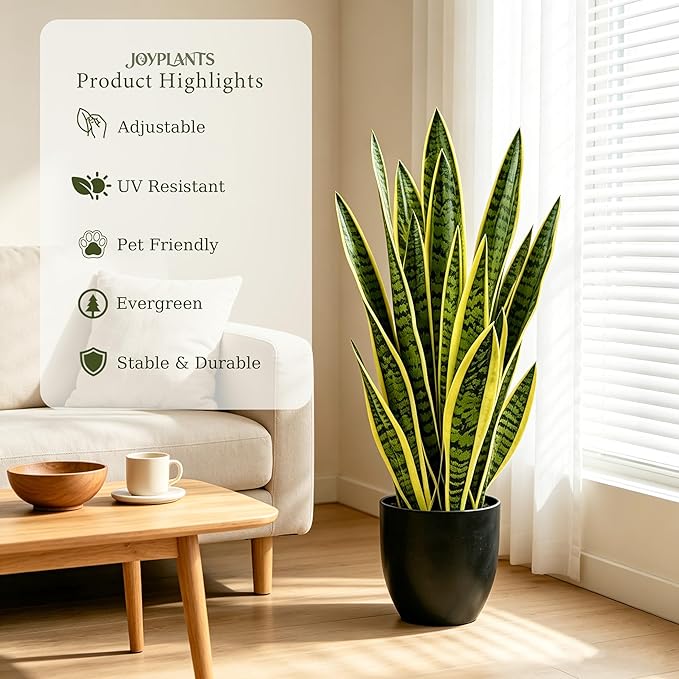 Fake Snake Plant, 35" Artificial Potted Plant with Black Pot, Realistic Faux Plant for Home Decor, Low Maintenance No Watering Needed for Desk Corner Office & Pet Areas