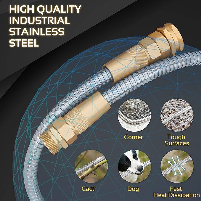 Garden Hose - Flexible Short Water Hose with Metal Fitting, 10 ft Leader Hose, Heavy Duty Hoses Extension for Rv, Outdoor, Small Garden, Yard, 304 Stainless Steel