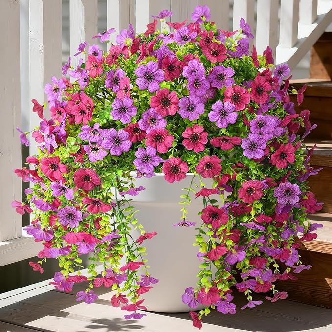 Artificial Fake Hanging Flowers Plants for Outdoor Spring Summer Decoration, 2PCS Faux Daisy Silk Plant Outside No Fade UV Resistant Realistic Home Decor for Porch Patio Window Box (Mix purple)