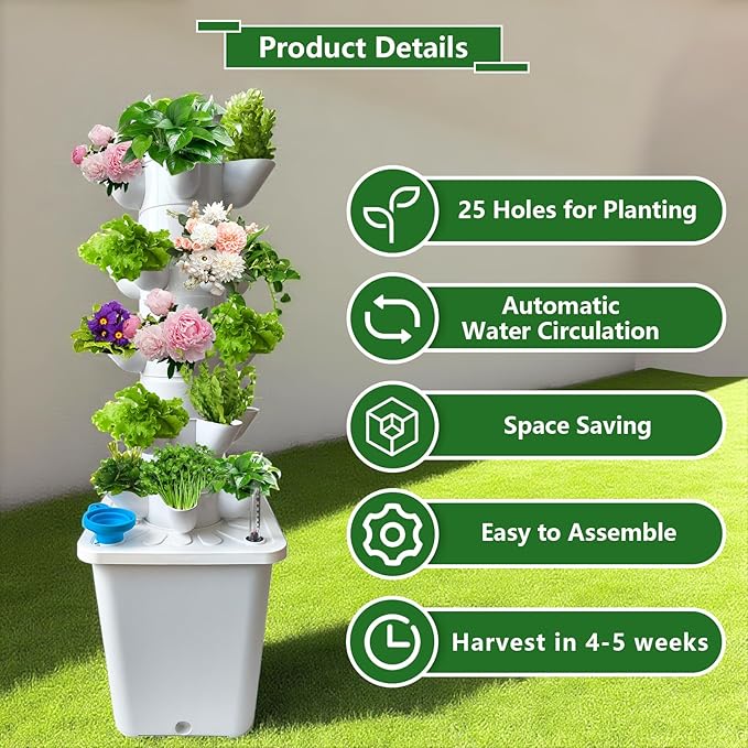 25 Plants Hydroponic Tower, Hydroponics Growing System Tower, Hydroponics Tower with Timer Automatic Watering, Vertical Hydroponic Tower, Planter Germination Kit for Herbs Vegetables Fruits