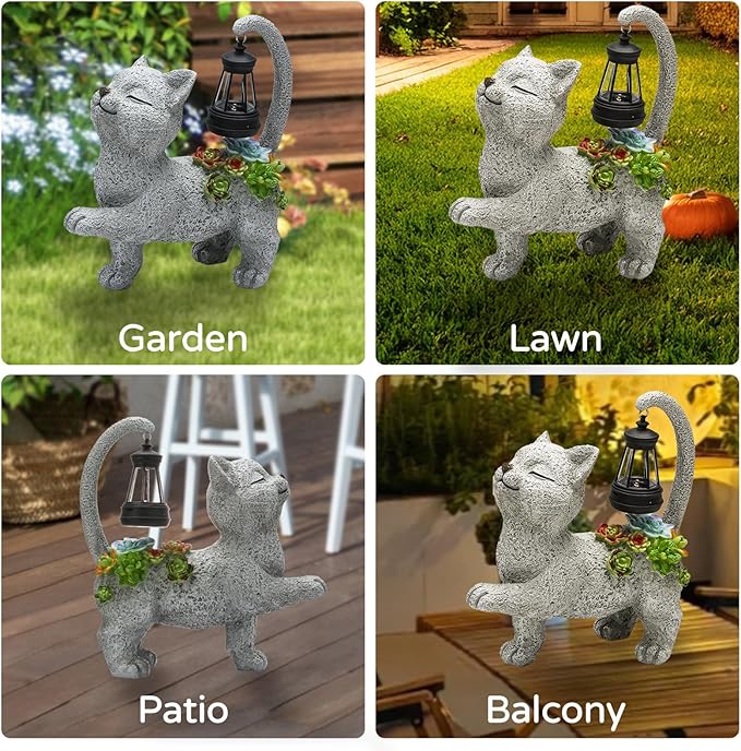 WENYLE Solar Garden Outdoor Statues,Cat Garden Statue with Succulent Solar Lantern, Cat Lover Gifts for Women