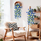 Artificial Fake Flowers Plants for Outdoor Spring Summer Decoration,2 PCS Faux Silk Morning Glory with Eucalyptus Leaves,UV Resistant Realistic Outdoor Flowers for Balcony Porch Patio Yard Garden
