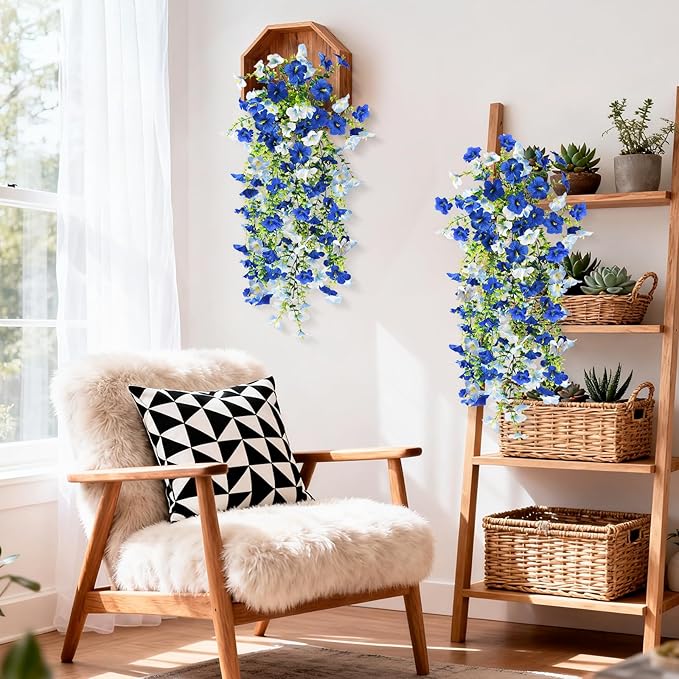 Artificial Fake Flowers Plants for Outdoor Spring Summer Decoration,2 PCS Faux Silk Morning Glory with Eucalyptus Leaves,UV Resistant Realistic Outdoor Flowers for Balcony Porch Patio Yard Garden