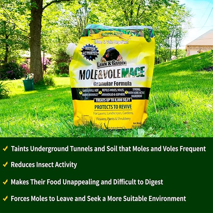 Nature's MACE Mole and Vole MACE, Mole Deterrent for Yard, Mole Repellent for Lawns, Keep Moles Out of Garden, Castor Oil Granules, Vole Repellent Outdoor, Plant & Pet Safe, 22 lb Bag, 17,600 Sq Ft