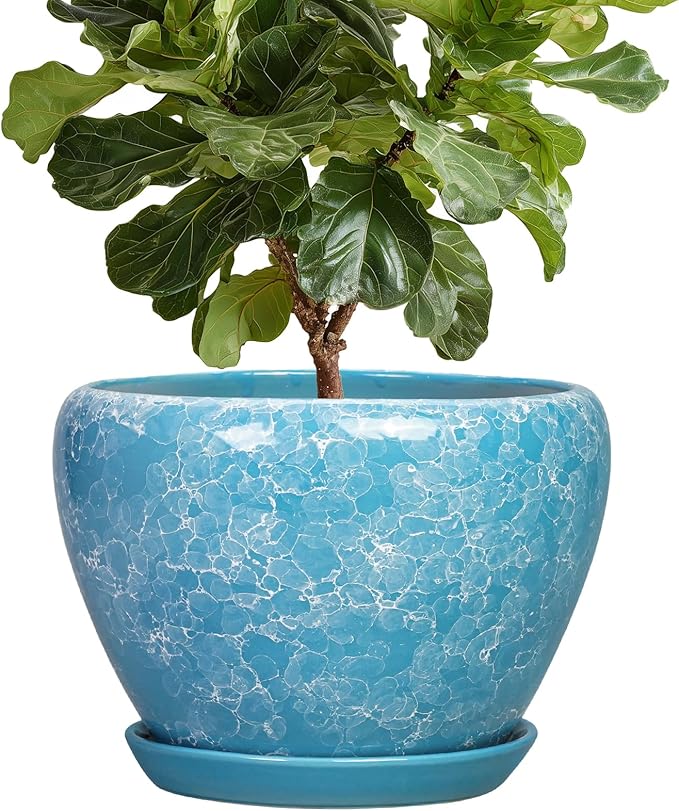 Indoor Plant Pots 10 Inch - Ceramic Planter for Outdoor Plants, Decorative Round Planter with Drainage Hole and Saucer, Flower Pots Outdoor, Apartment Decor, House Warming Gift, Bubble Blue