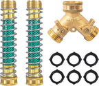 Hourleey 2 Way Hose Splitter, 3/4" Brass Hose Y Splitter with 2 PCS Garden Hose Extension Hose Coiled Spring Protectors and 6 Rubber Washers
