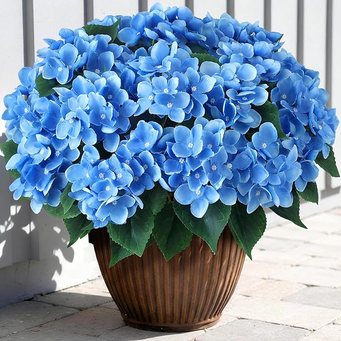 FOTEEWL 8 Bundles Artificial Hydrangea Flowers for Outdoor Decor, Realistic Faux Silk Bouquets Sun-Resistant Fake Plants for Front Door Balcony Farmhouse Garden Home Spring Summer Decor (Blue)