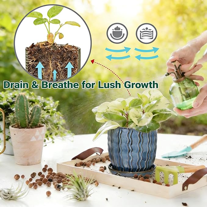 Ceramic Plant Pots, 4.5+5.5 Inch Small Plant Pots, Flower Pots Indoor Planters with Drainage and Tray, Modern Indoor Plant Pots for Home and Office, Indoor Planters with Drainage (Glaze Blue)