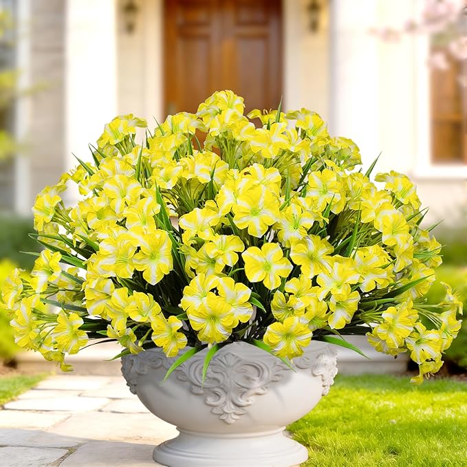 LikSoor Outdoors Artificial Flowers Spring Summer Decor Fake Petunias UV Resistant Flower Faux 12 Bundles Realistic Plastic Plant Porch Patio Window Box Garden Decoration (Yellow)