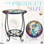 Outdoor Side Table Round Small Mosaic Patio Accent Indoor End Plant Coffee Tea Table for Yard Patio Porch Garden Living Room, Bedroom(Mermaid Style,14 Inch)